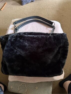 Plush Black Faux Fur Tote with Chain-Detail Handles Tote bag